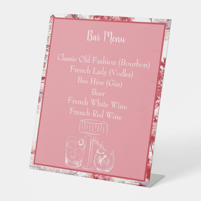 Red Pink French Toile Bar Menu (Abzeichen) Sockelschild (Vorderseite)