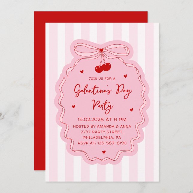 Red Pink Girly Coquette Bow Galentine's Day Party Einladung (Vorne/Hinten)