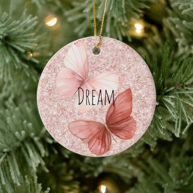 Red Pink Glitter Butterflies Christmas Keramik Ornament (Baum)
