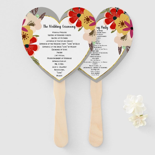 Red Pink Gold Boho Floral Wedding Program Fan Fächer (Vorne und Hinten)