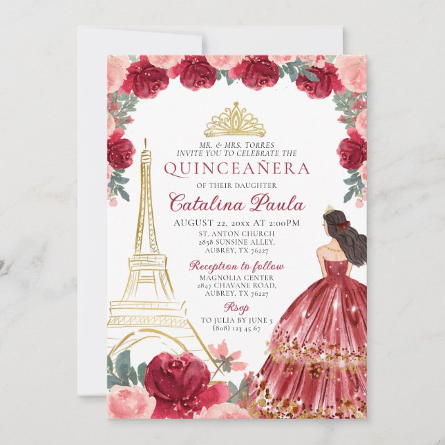 Red Pink Gold Tiara Paris Quinceañera Einladung (Vorderseite)