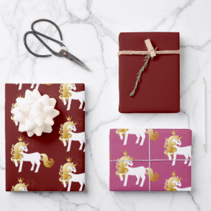 Red Pink Gold White Unicorn Geschenkpapier Set