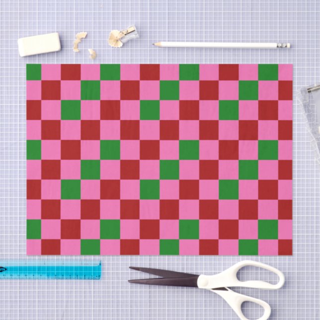 Red Pink Green Checkered Pattern Design  Seidenpapier (Handwerk)