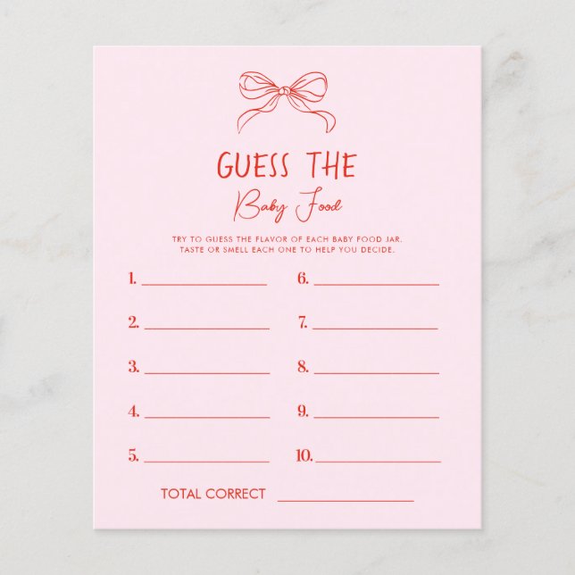 Red Pink Hand Drawn Bow Guess The Baby Food Game (Vorderseite)