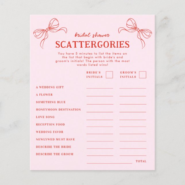 Red Pink Hand Drawn Bow Holiday Scattergories Game (Vorderseite)