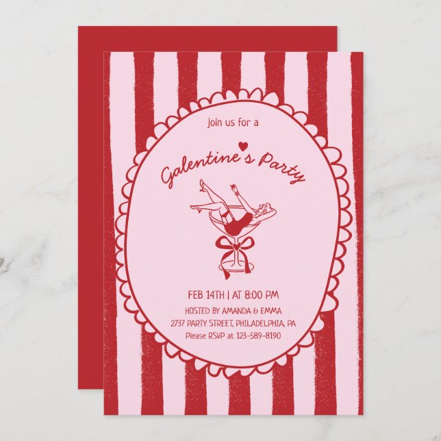 Red Pink Hand Drawn Galentine's Party Einladung (Vorne/Hinten)