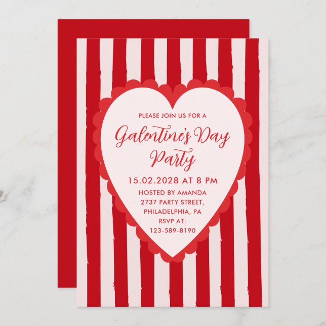 Red Pink Hand Drawn Heart Frame Galentine's Party Einladung (Vorne/Hinten)