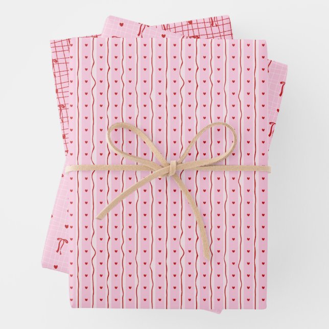 Red Pink Hand Drawn Hearts Bows Valentine’s Day Wr Geschenkpapier Set (Beispiel)