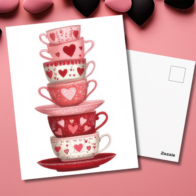 Red Pink Heart Mugs Valentine`s Day Card  Postkarte (Von Creator hochgeladen)