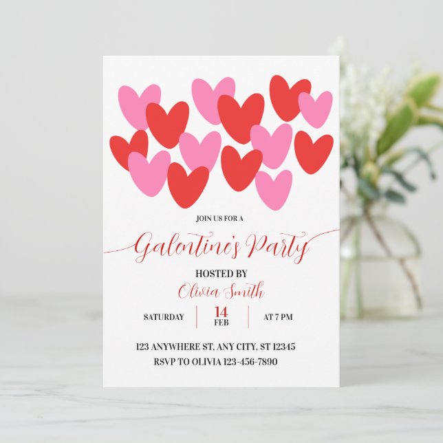 RED PINK HEARTS GALENTINES DAY PARTY INVITATION EINLADUNG (Stehend Vorderseite)
