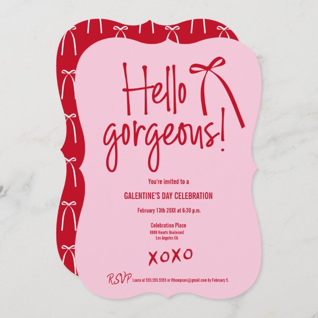 Red Pink Hello Gorgeous bow doodle Galentine’s Einladung (Vorne/Hinten)