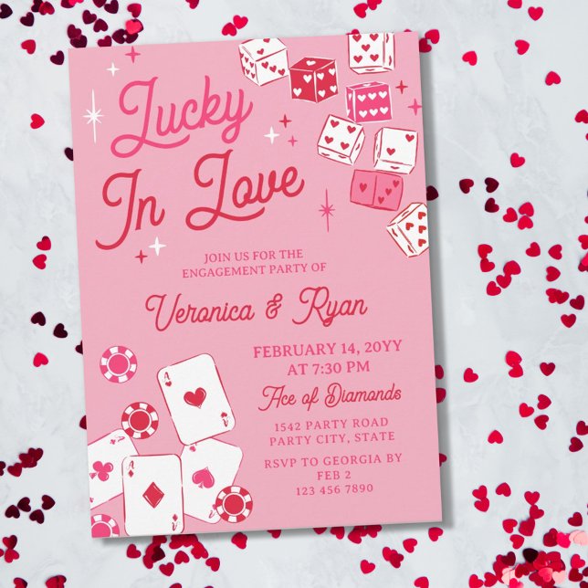 Red Pink Lucky In Love Dice Cards Engagement Party Einladung (Von Creator hochgeladen)