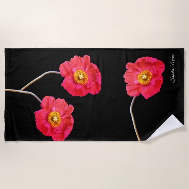 Red Pink Modern Poppies Poppy Blume Black Beach Strandtuch (Vorderseite)