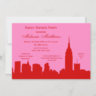 Red Pink NYC Skyline Silhouette 16 . Geburtstag Einladung