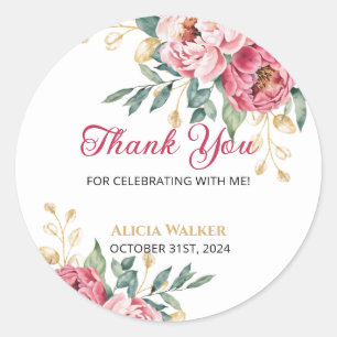 Red Pink Peony Gold Leaf Grüne Geburtstag Dank Runder Aufkleber