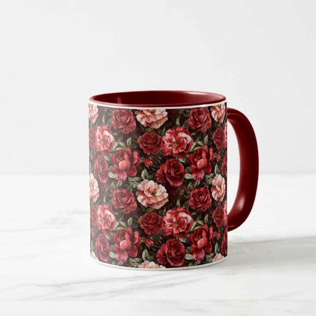 Red Pink Rose Flowers Tasse (VorderseiteRechts)