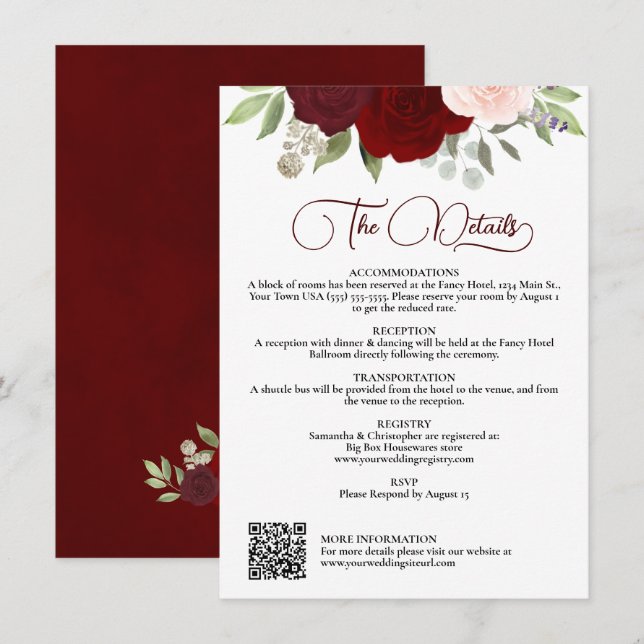 Red & Pink Roses Downloadable QR Wedding Details Einladung (Vorne/Hinten)