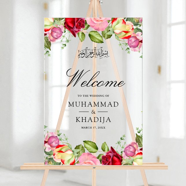 Red Pink Roses Floral Muslim Wedding Welcome Acrylschild (Von Creator hochgeladen)