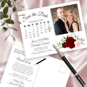 Red & Pink Roses Photo & Calendar Save the Date Ankündigungspostkarte