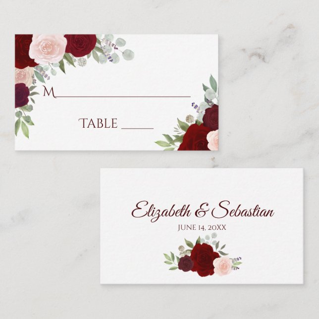 Red & Pink Roses Wedding Write-In Escort Card Platzkarte (Vorne/Hinten)