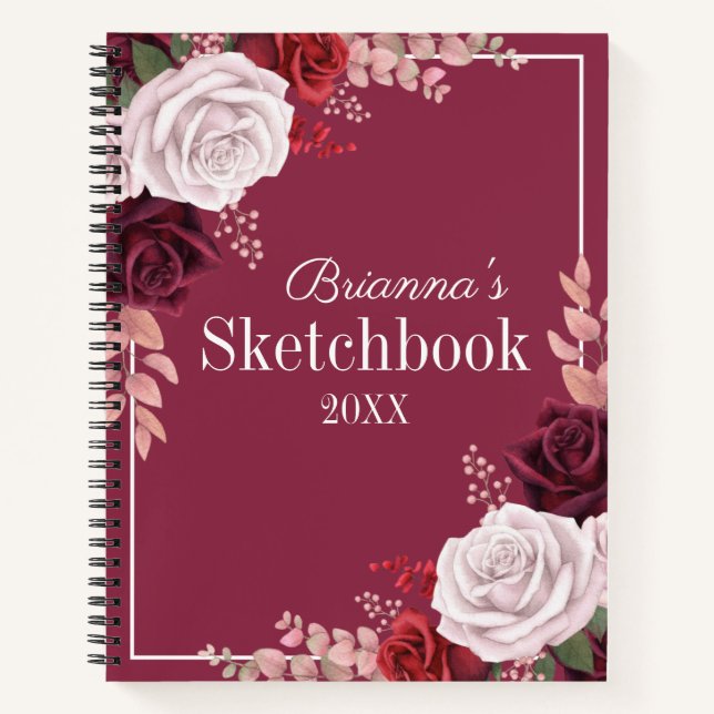 Red Pink Roses Your Name Sketchbook Notizbuch (Vorderseite)