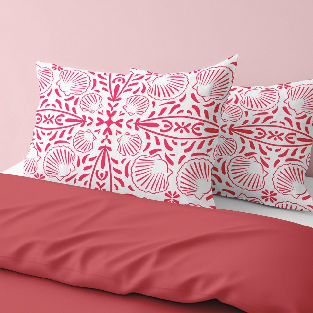 Red Pink Sheashells Cordern Modern Bold Beach Hous Kissenbezug (Red Pink Sheashells Coral Modern Bold Beach House Pillow Case)