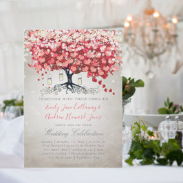 Red Pink Silver Woodsy Heart Leaf Wedding Einladung