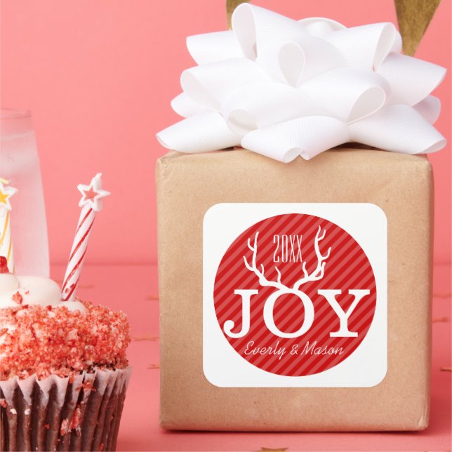 Red Pink Stripe Deer Antlers Joliday Weihnachten Quadratischer Aufkleber (Party)