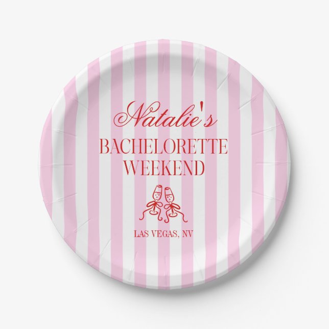 Red Pink Stripes Bachelorette Weekend Party Pappteller (Vorderseite)