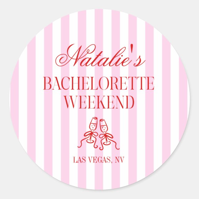Red Pink Stripes Bachelorette Weekend Party Runder Aufkleber (Vorderseite)
