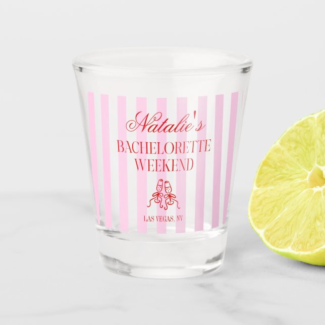 Red Pink Stripes Bachelorette Weekend Party Schnapsglas (Vorderseite)