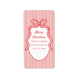 Red Pink Stripes & Bow Frame Christmas Adressaufkleber