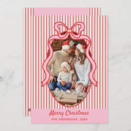 Red Pink Stripes & Bow Frame Christmas Photo Feiertagskarte