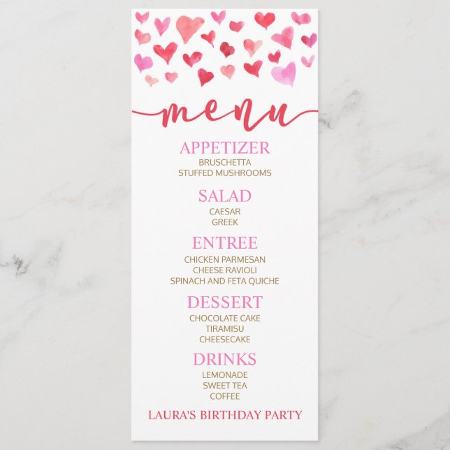 Red Pink Valentine Birthday Party Food Menu Menükarte (Vorderseite)
