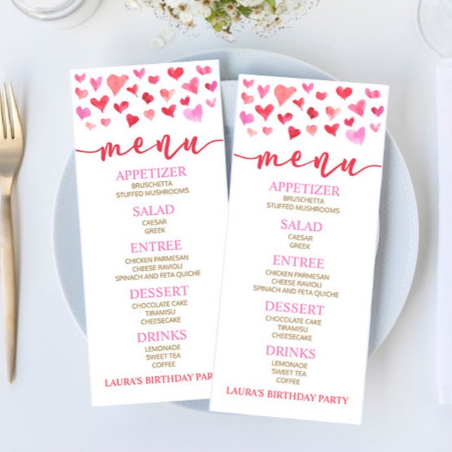 Red Pink Valentine Birthday Party Food Menu Menükarte (Von Creator hochgeladen)