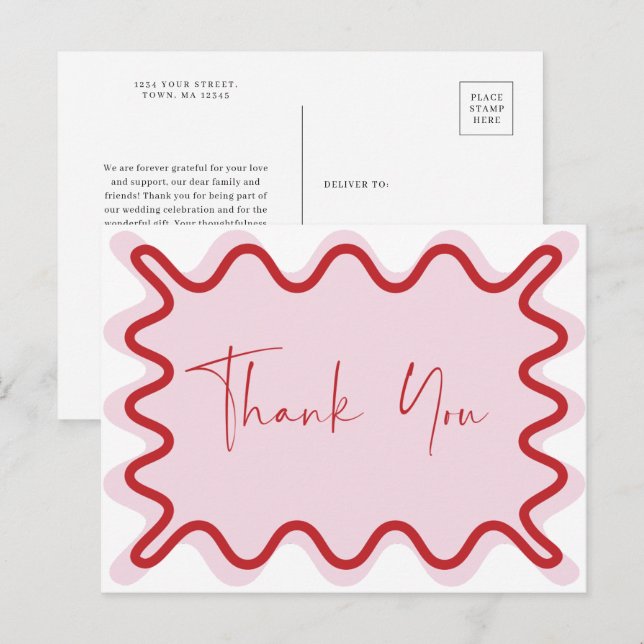 Red Pink Wavy Border Danke Postcard Einladungspostkarte (Vorne/Hinten)