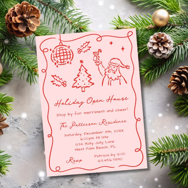 Red & Pink Whimsical Doodle Christmas Open House Einladung (Von Creator hochgeladen)