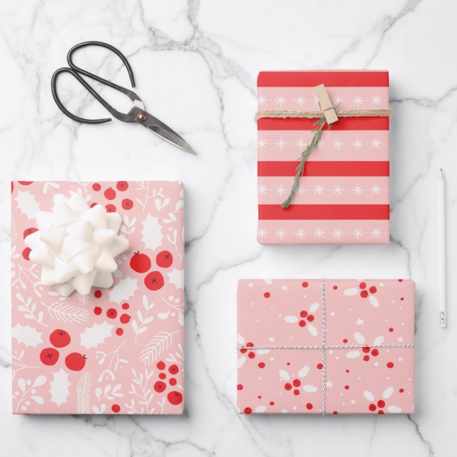 Red Pink White Holly Berries Mistletoe Weihnachten Geschenkpapier Set (Vorderseite)