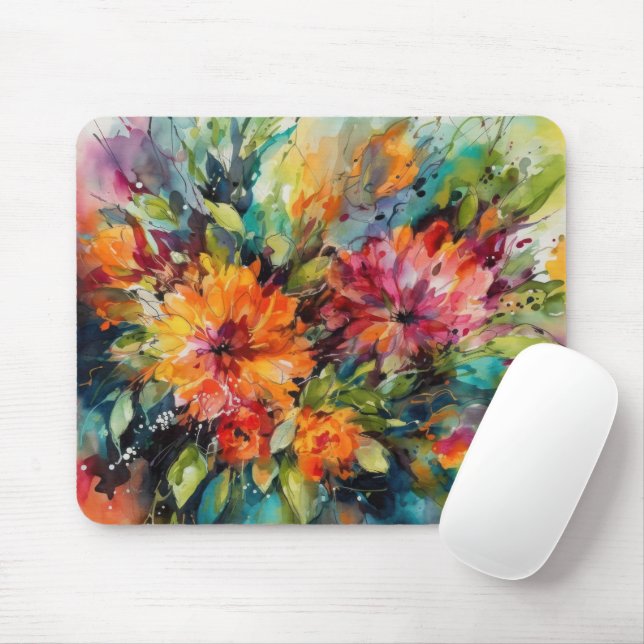 RED PINK YELLOW GREEN ABSTRACT WATERCOLOR FLOWERS MOUSEPAD (Mit Mouse)