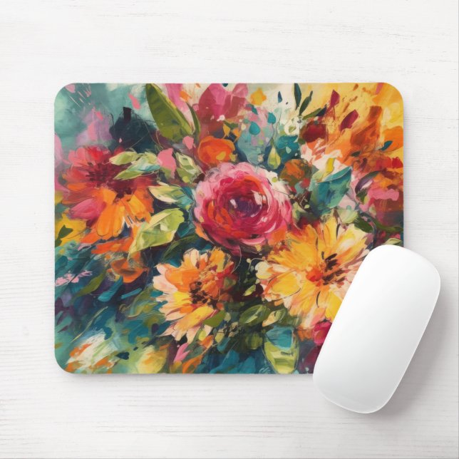 RED PINK YELLOW GREEN ABSTRACT WATERCOLOR FLOWERS MOUSEPAD (Mit Mouse)