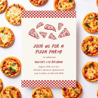 Red Pizza Party Kindergeburtstag Quirky Hand gezei Einladung