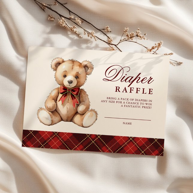 Red Plaid Bear Baby Shower Diaper Raffle Begleitkarte (Von Creator hochgeladen)