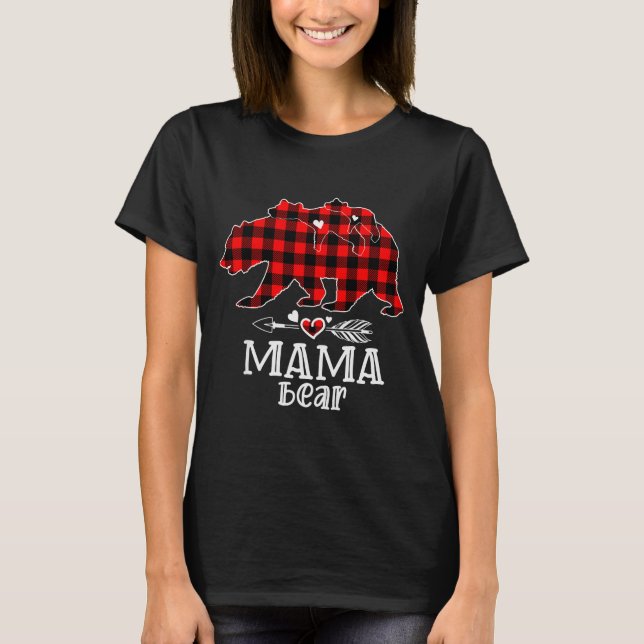 Red Plaid Buffalo Mama Bear Christmas Pajamas Fami T-Shirt (Vorderseite)