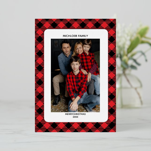 Red Plaid Christmas Invitation | Photo Foil Folieneinladung (Stehend vorne)