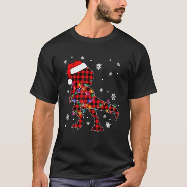 Red Plaid Dinosaur Hat Santa Christmas Lights Buff T-Shirt (Vorderseite)
