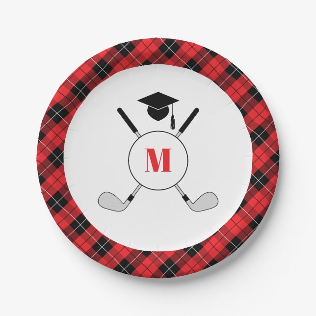 Red Plaid Golf Themed Graduation Party Pappteller (Vorderseite)