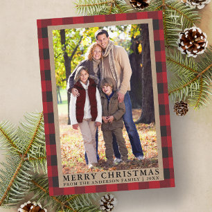 Red Plaid Merry Christmas Kraft Family Photo Feiertagskarte