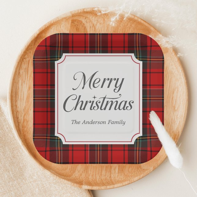 Red Plaid Merry Christmas Square Pappteller (Red Plaid Modern Merry Christmas Holiday Paper Plate
)