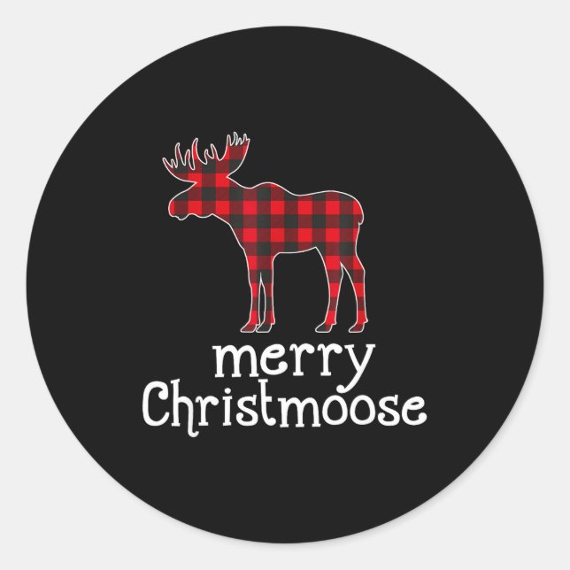Red Plaid Merry Christmoose Christmas Moose Lovers Runder Aufkleber (Vorderseite)