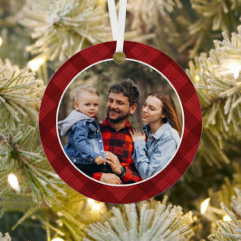 Red Plaid Photo Christmas Ornament Aus Metall
